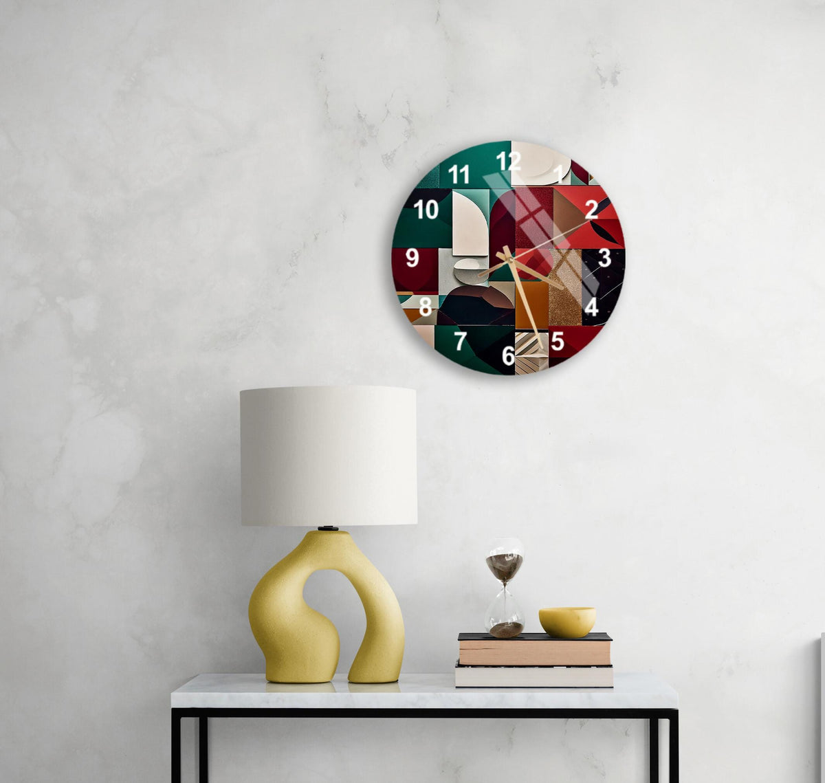 a white table with a lamp and a clock on it