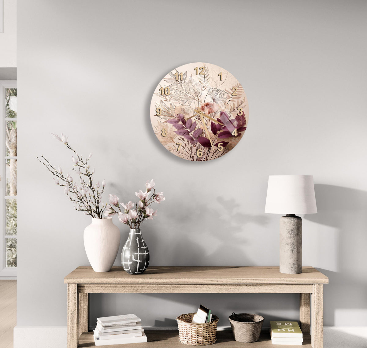 a wooden table topped with a vase filled with flowers