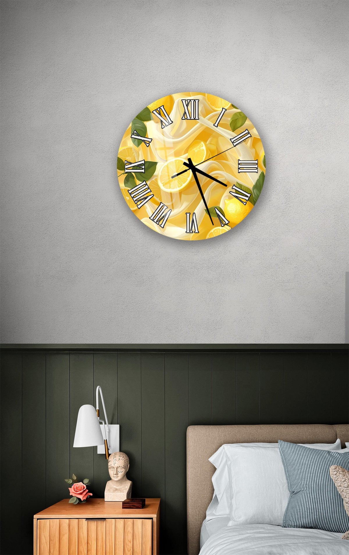 a wall clock with a yellow and green design, hanging above a bed with a wooden headboard.