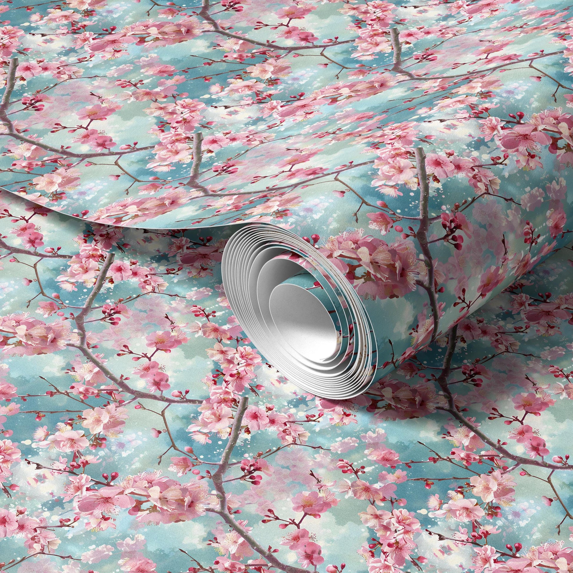 a roll of wallpaper with a floral pattern of pink and blue flowers.