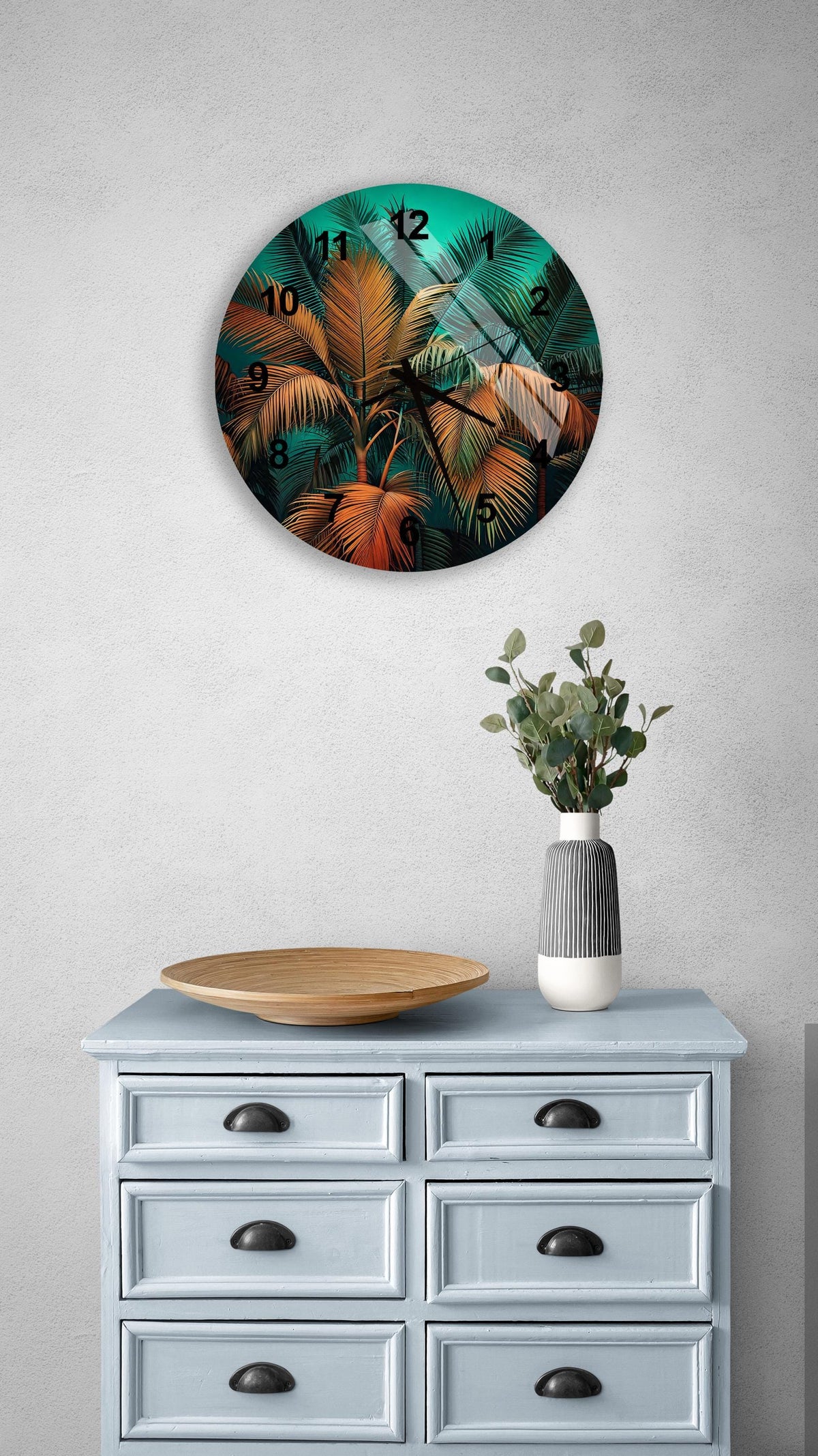 a clock on a wall above a dresser