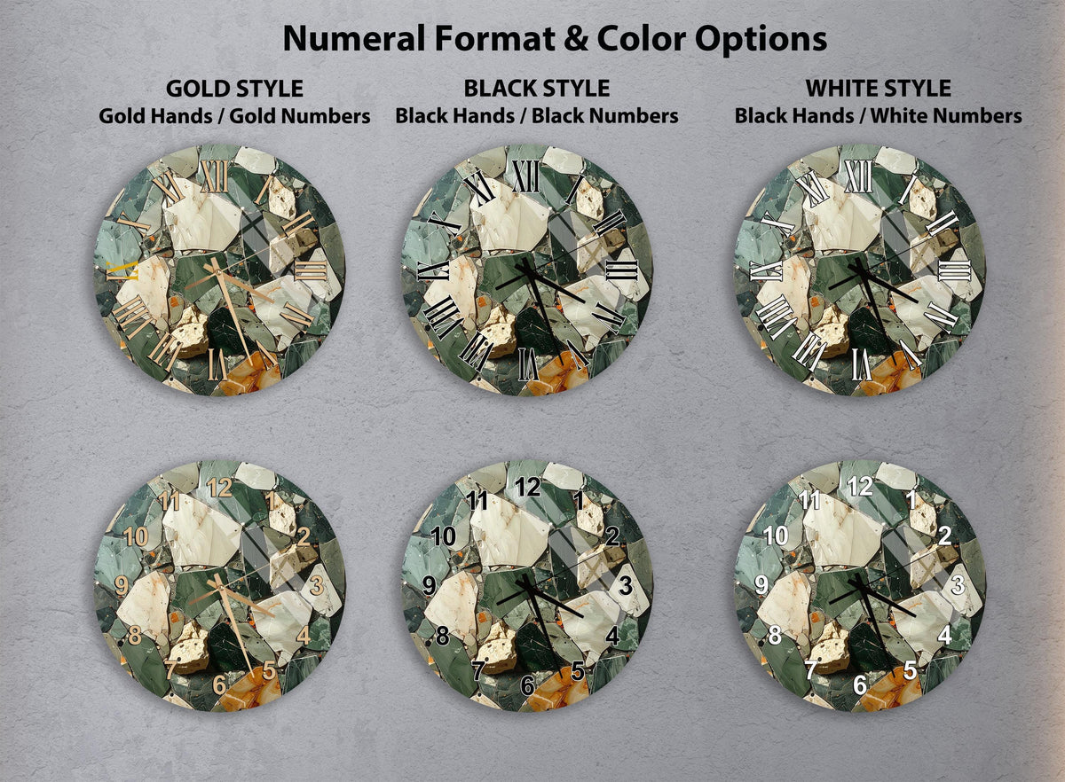 six different clock designs, each with a unique color and style, arranged in a grid format.