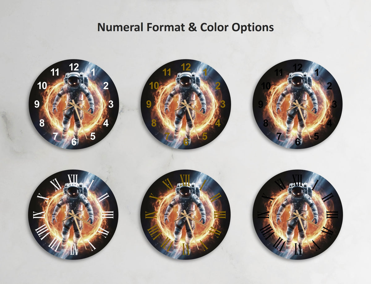 a set of four circular wall clocks with a picture of a man holding a gun