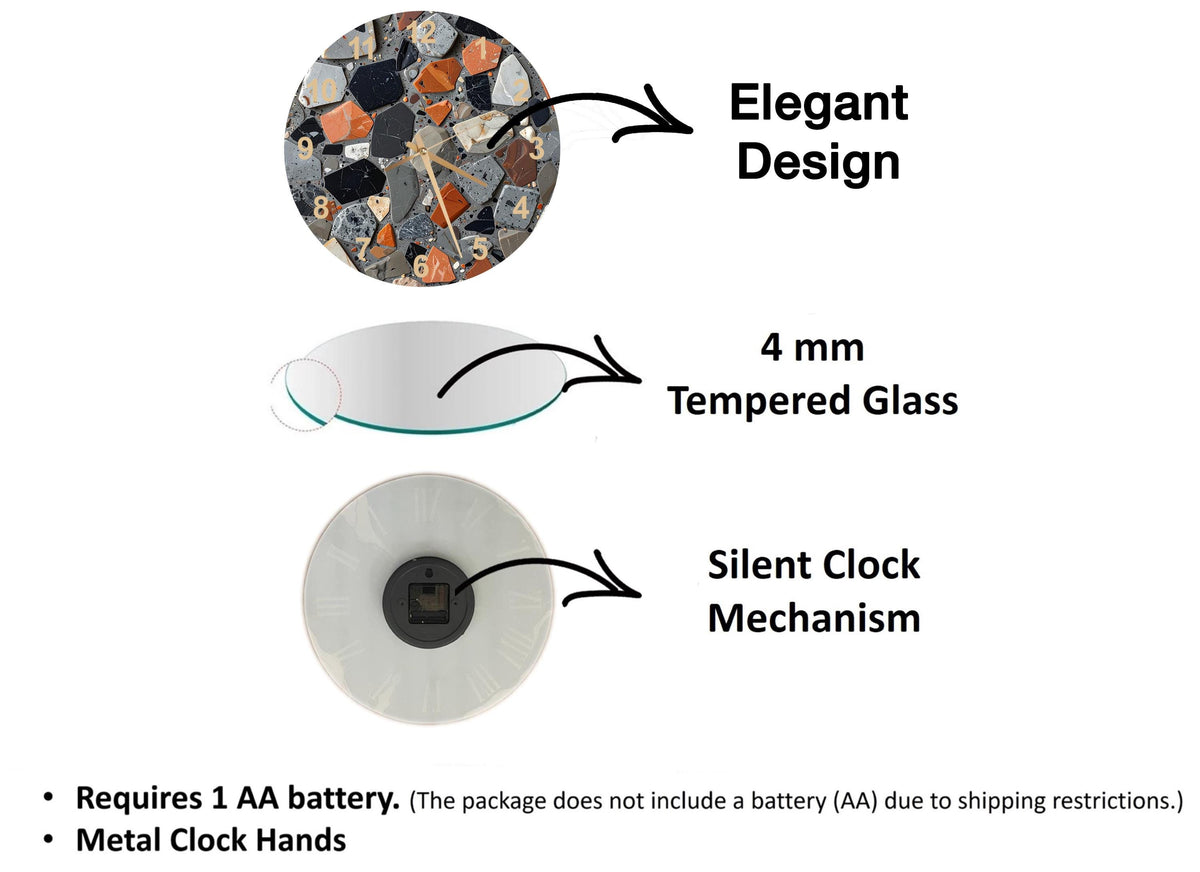 The image is a diagram that illustrates the features of a clock, including its design, materials, and mechanism.