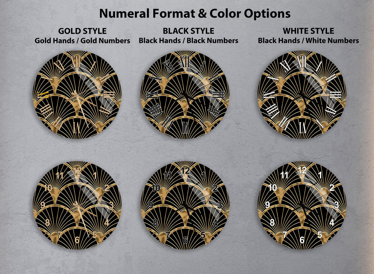 six different clock faces with various styles and color options, including gold hands and numbers, black hands and numbers, and white hands and numbers.