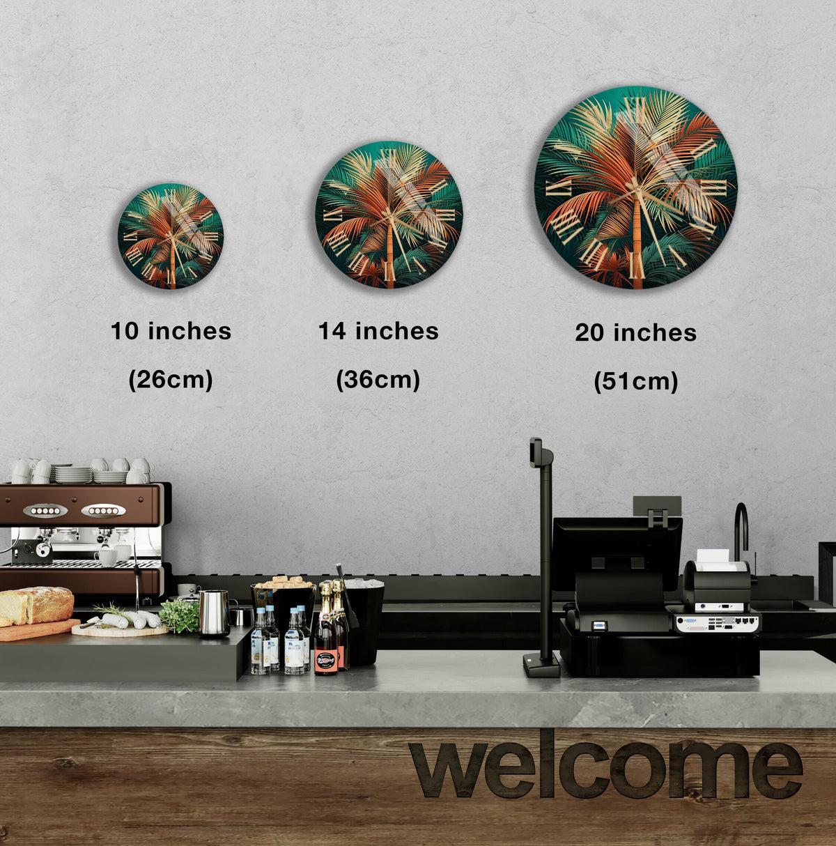 a coffee shop counter with three fireworks on the wall
