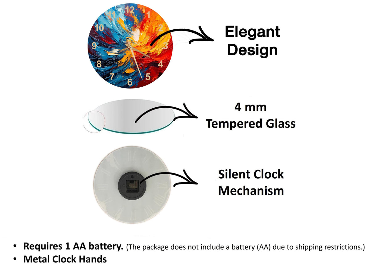 The image is a diagram that illustrates the features of a clock, including its design, materials, and mechanism. It shows a 4 mm Tempered Glass face, a silent clock mechanism, and a metal clock hand. The diagram also includes text that explains the features of the clock, such as the requirement of a 1 AA battery and the absence of a battery (AA) due to shipping restrictions.