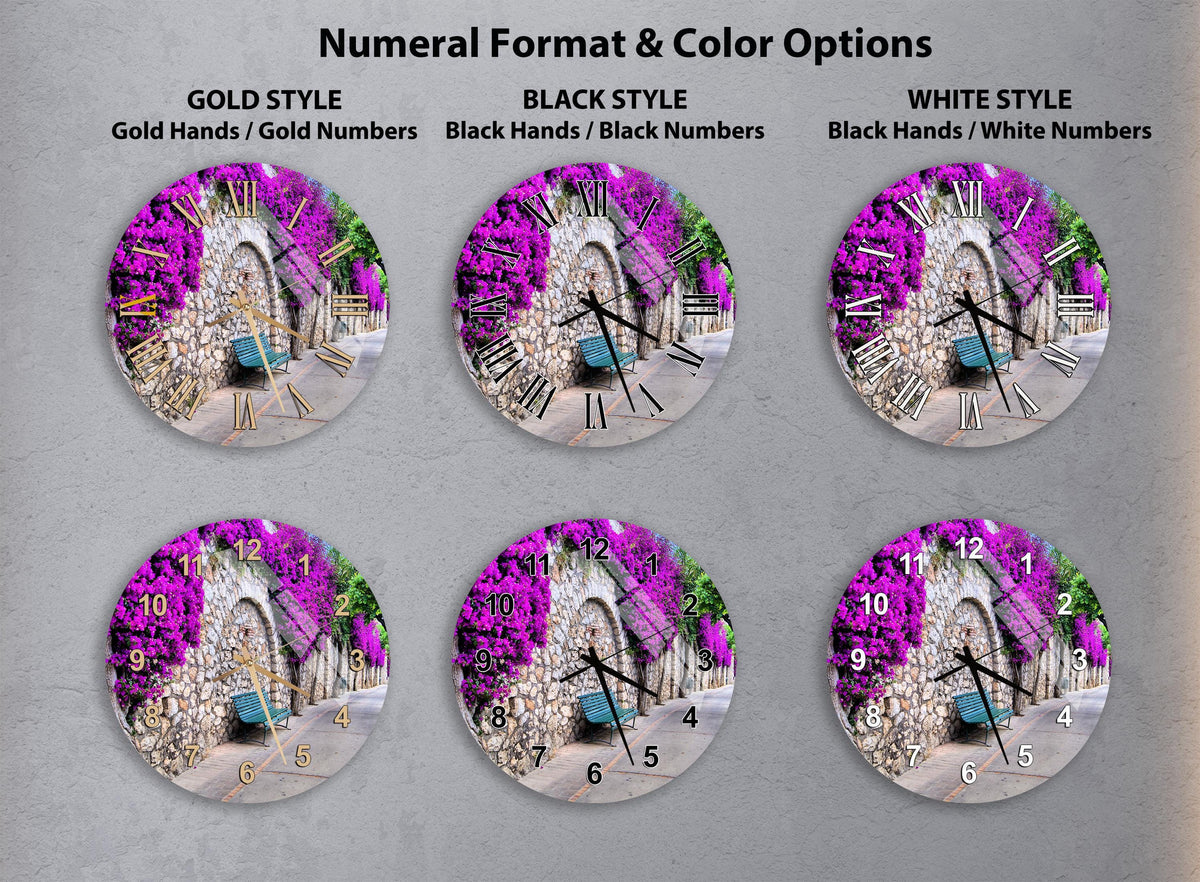 a collection of six clock faces, each with a different color and style, arranged in a grid. The clocks feature various designs, such as gold hands, black hands, and white hands, as well as different color schemes, including gold, black, and white. The clocks are set against a backdrop of a stone wall with a garden scene, creating a visually appealing and diverse display.