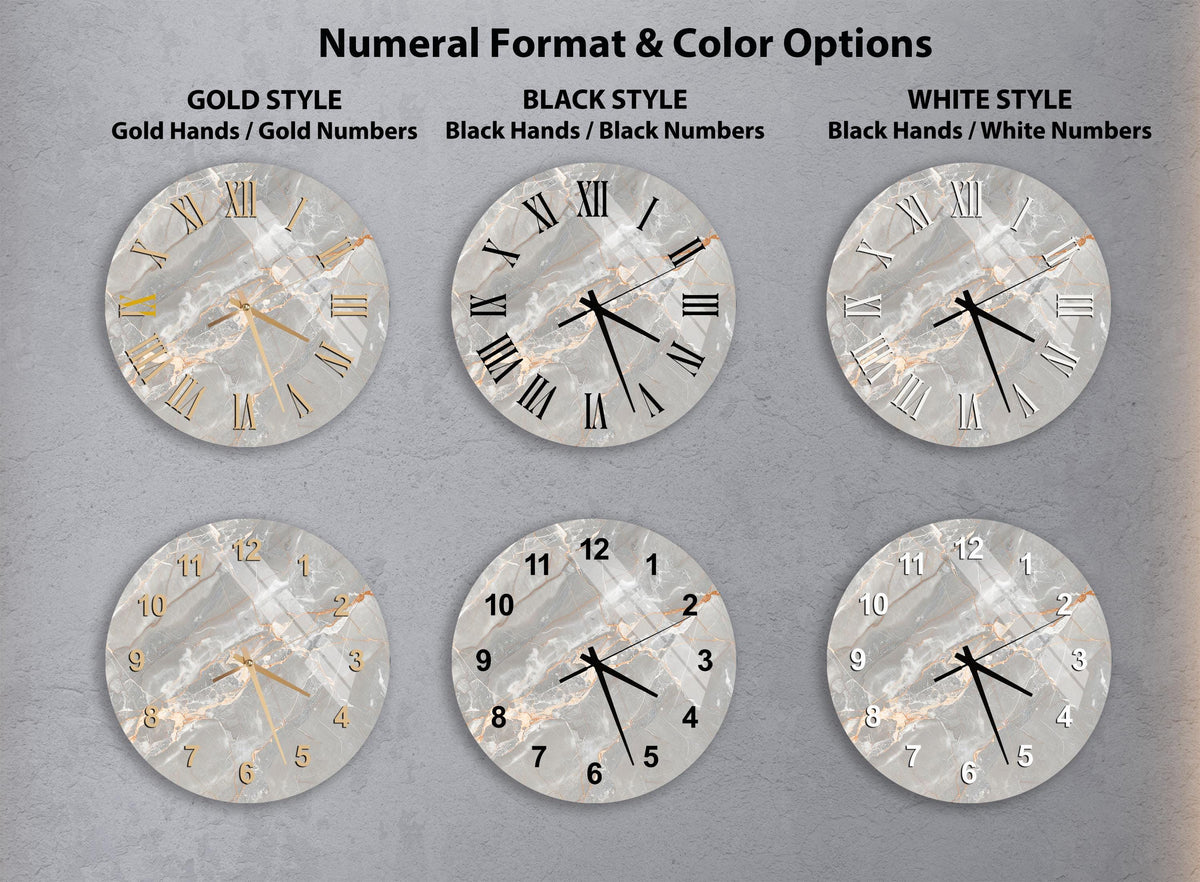 a collection of six different clock designs, each with a unique style and color option. The clocks are arranged in a grid format, with three rows and two columns, showcasing the variety of options available for a clock design.