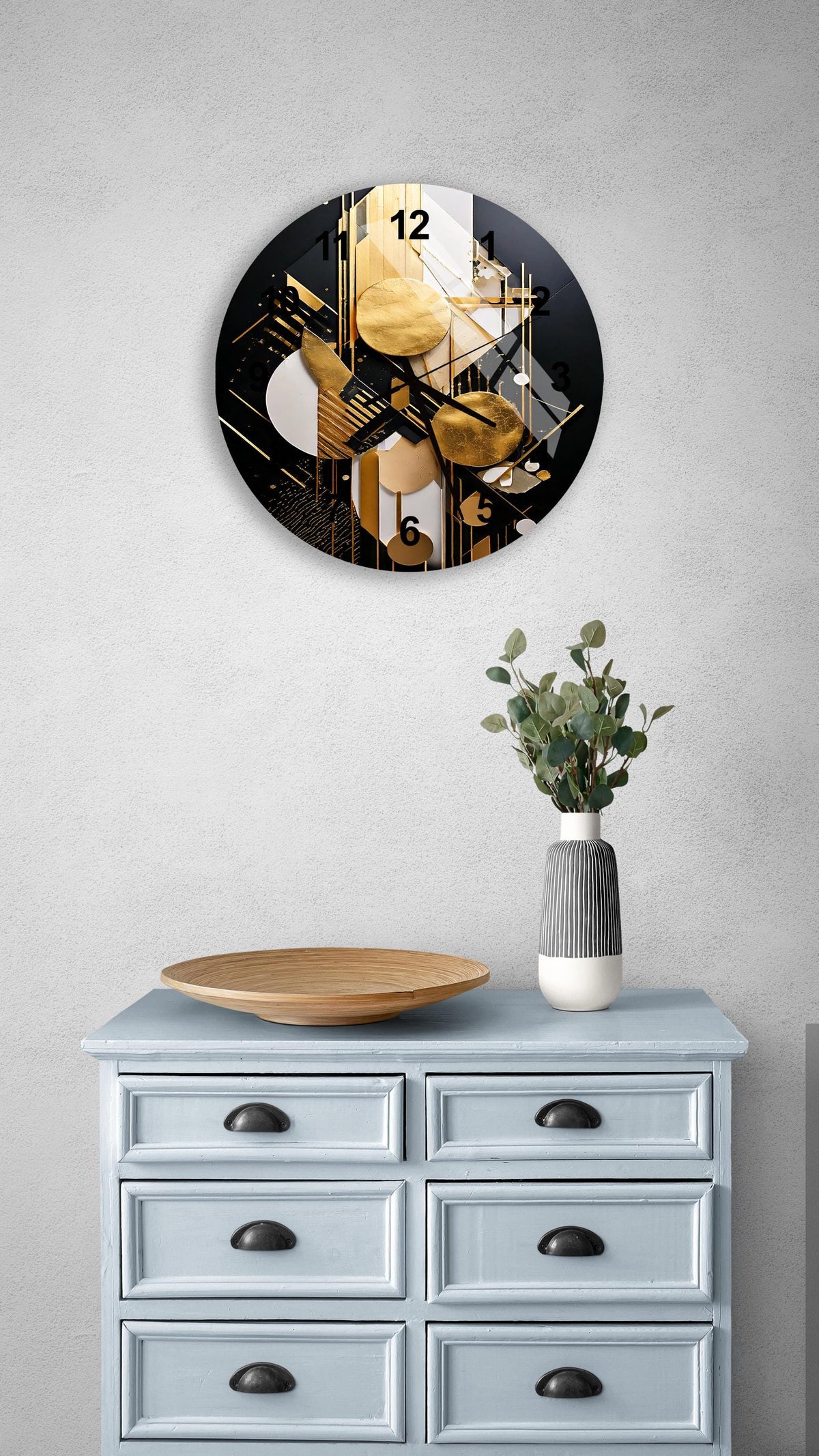 a clock on a wall above a dresser