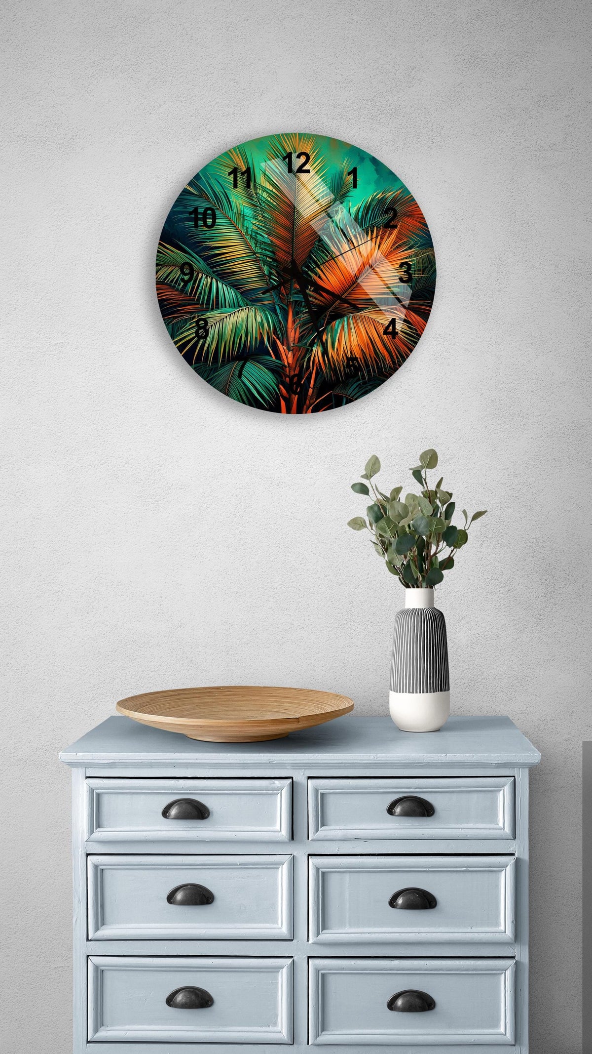 a clock on a wall above a dresser