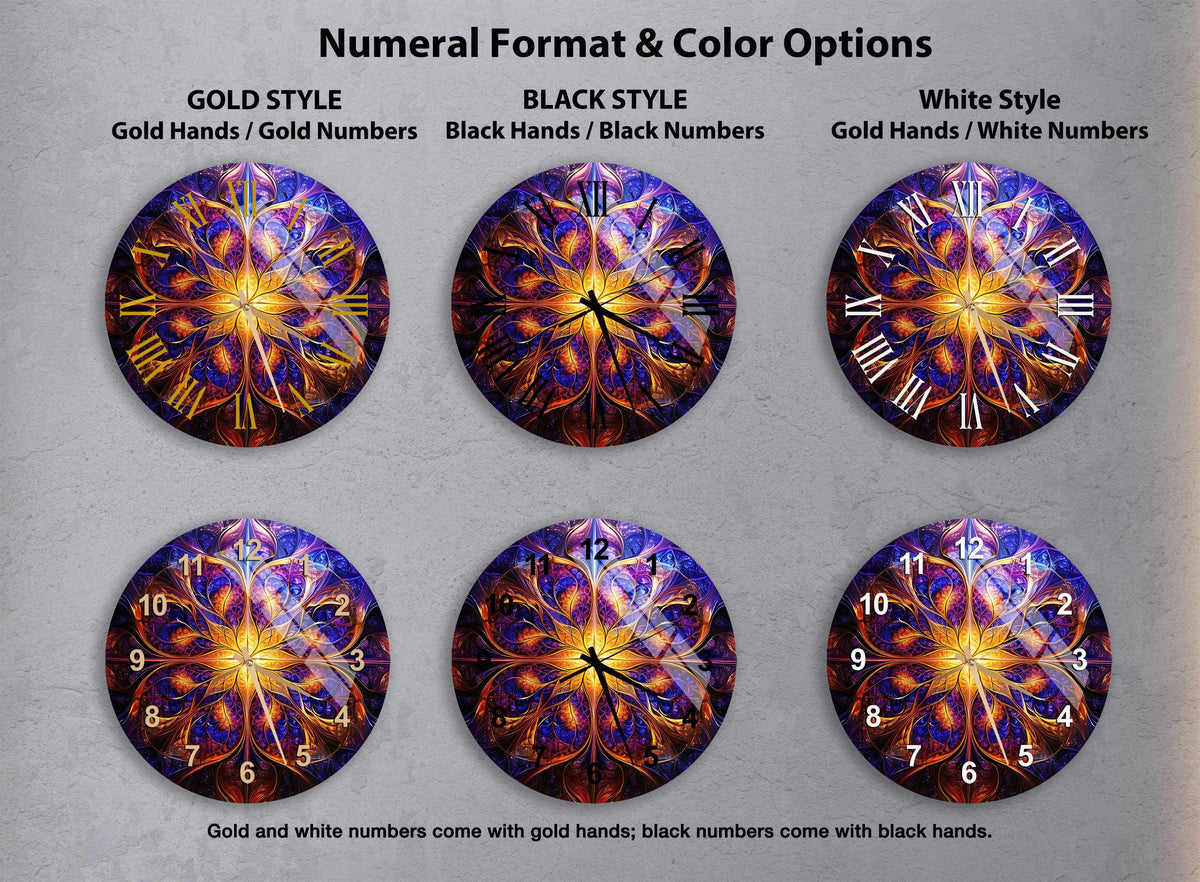 a set of four clocks with different designs on them