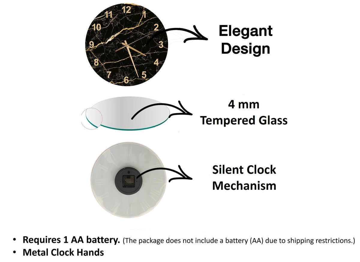 The image is a diagram that illustrates the features of a clock, including its design, materials, and mechanism.