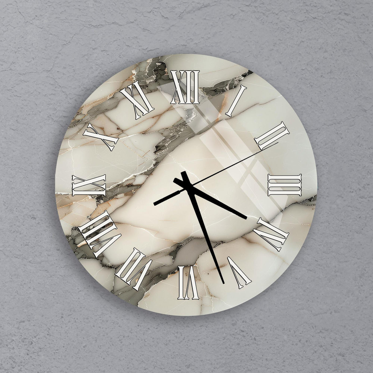 A round wall clock with Roman numerals on a marble-like background.
