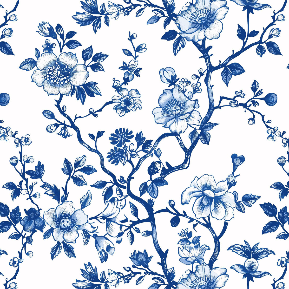 a repeating pattern of blue flowers and branches against a white background.