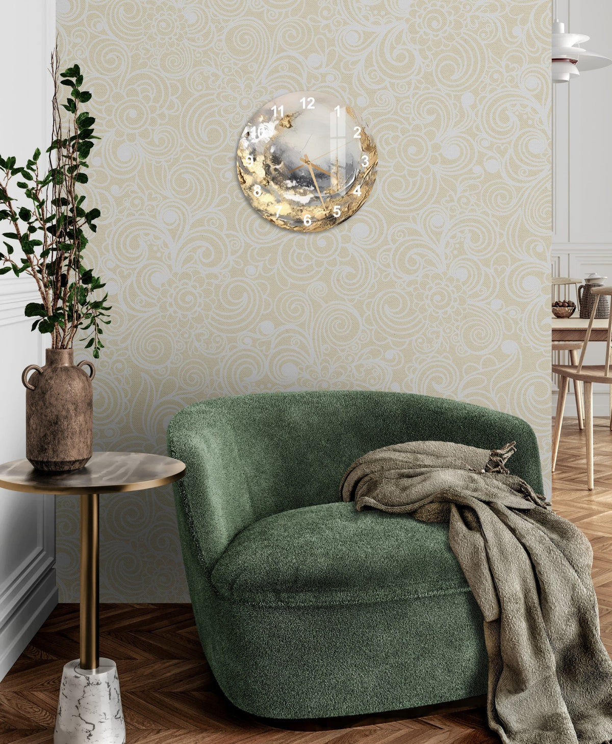 a living room with a green chair and a round mirror