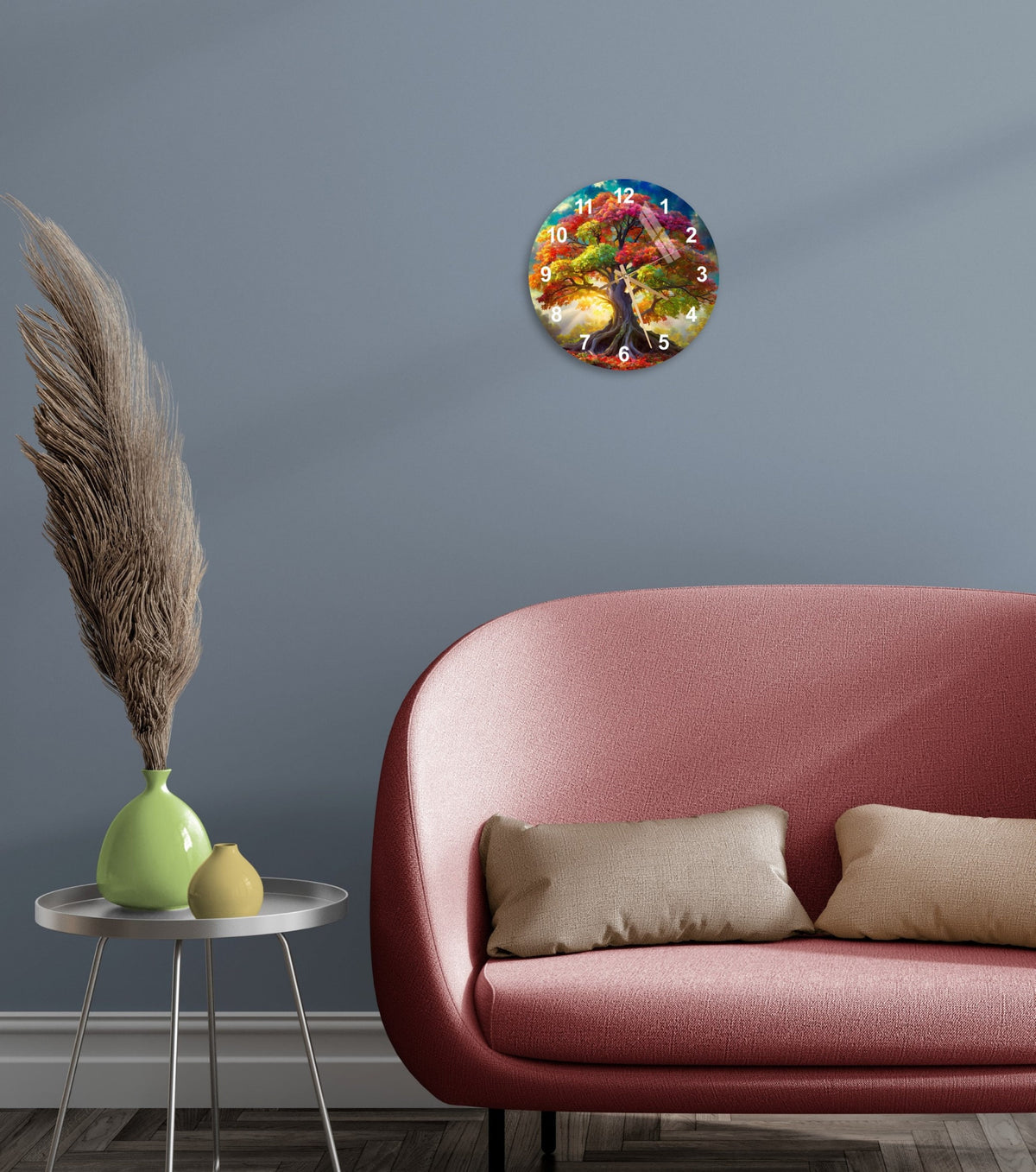 a living room with a pink couch and a clock on the wall