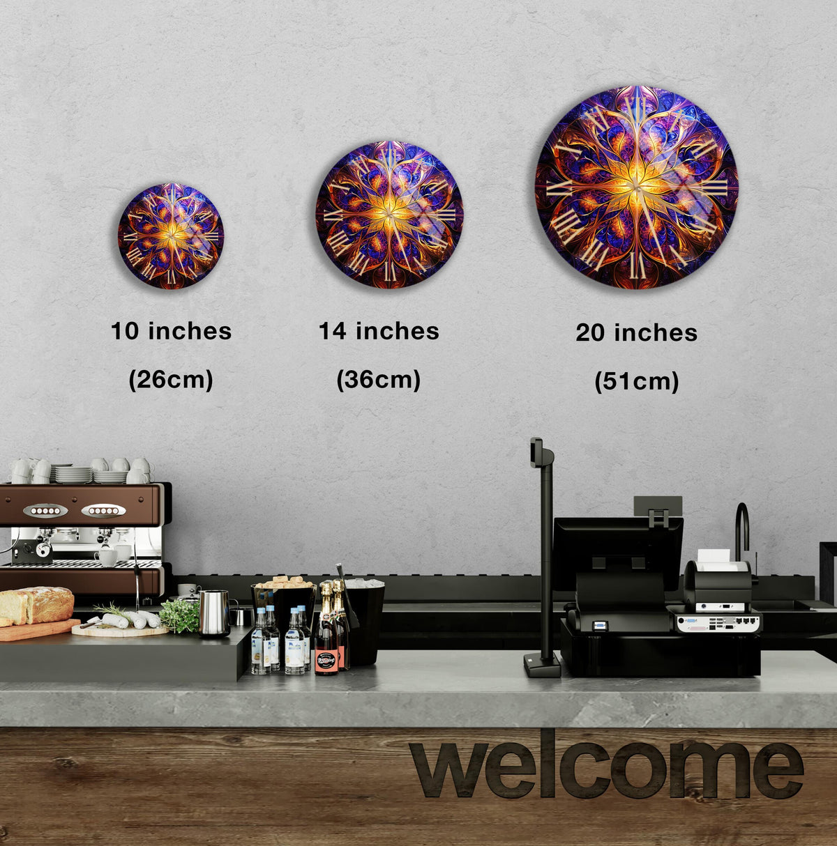 a counter with three clocks on the wall above it