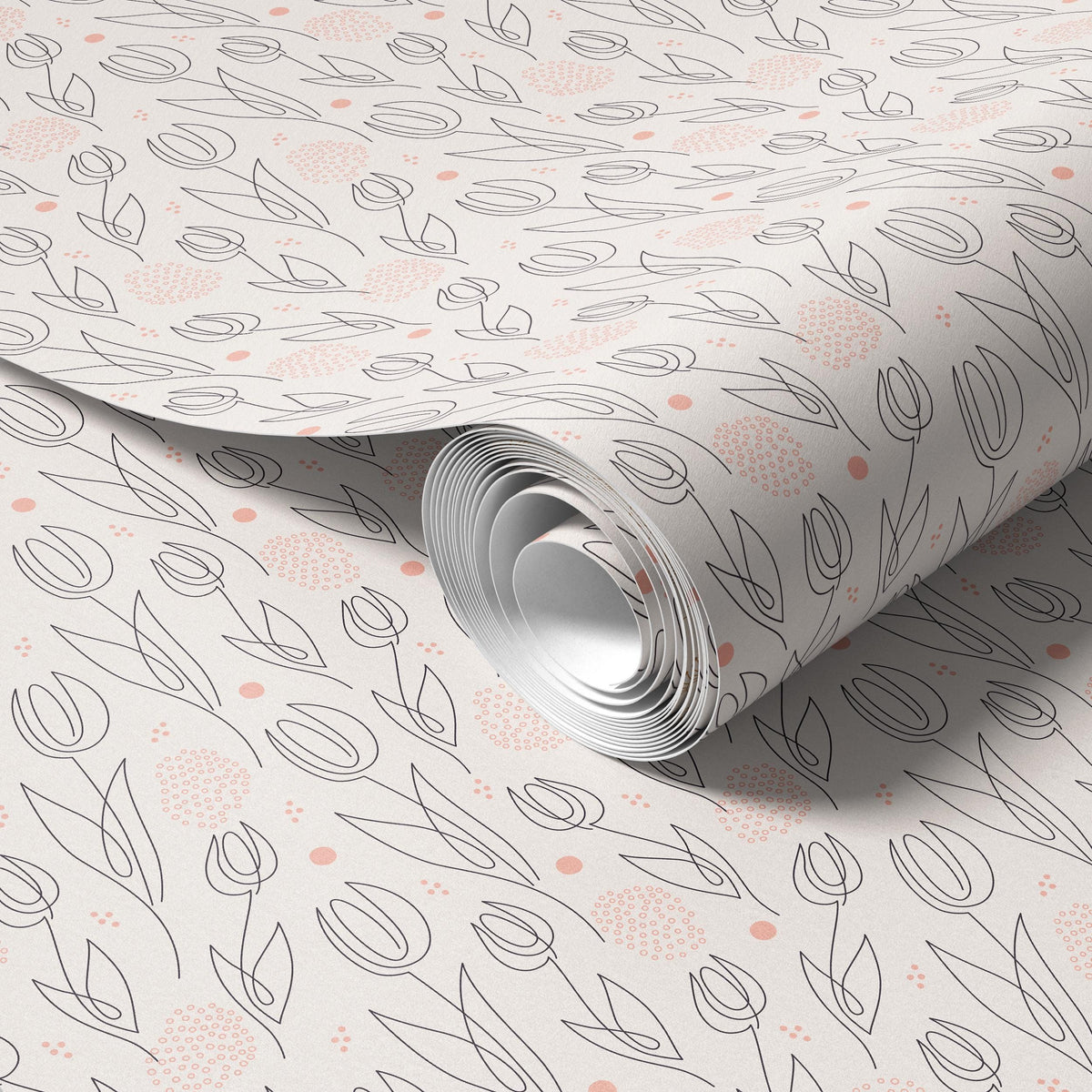 a roll of paper with a repeating pattern of black and white lines and small circles, creating a visually appealing and decorative design.