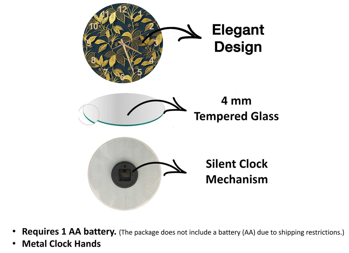 The image is a diagram that illustrates the features of a clock, including its design, materials, and mechanism.