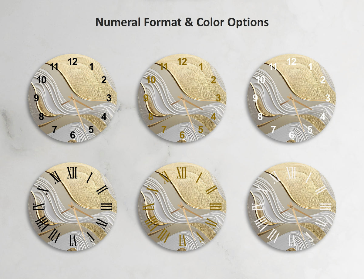 a set of four gold and white clocks with roman numerals