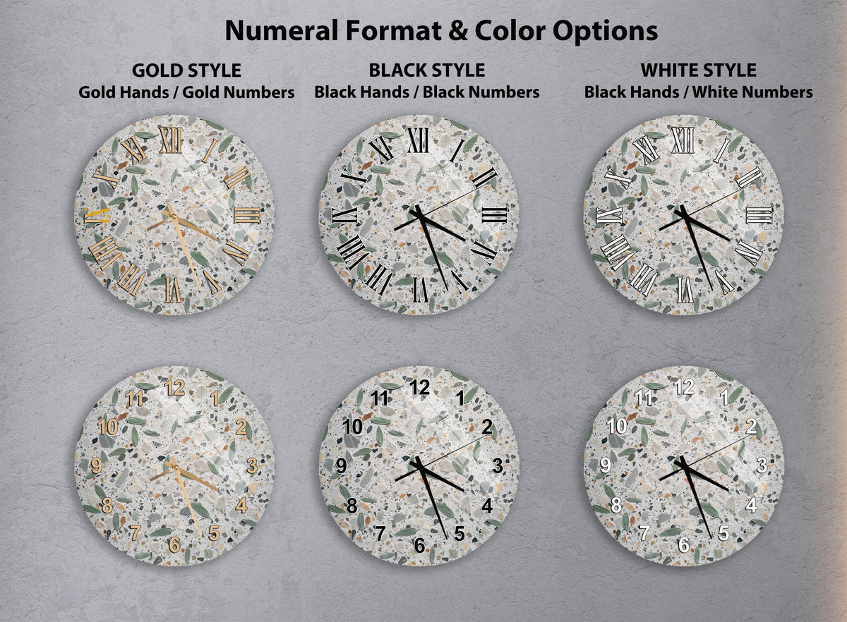 a collection of six different wall clocks with various styles and color options, including gold hands, black hands, black numbers, and white numbers.