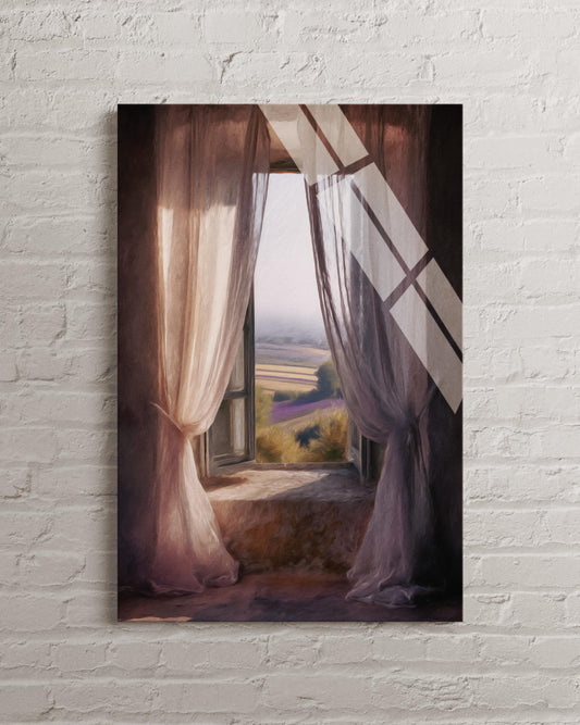 Tempered Glass Wall Art – Impressionist Landscape With Lavender Fields & Sheer Curtains