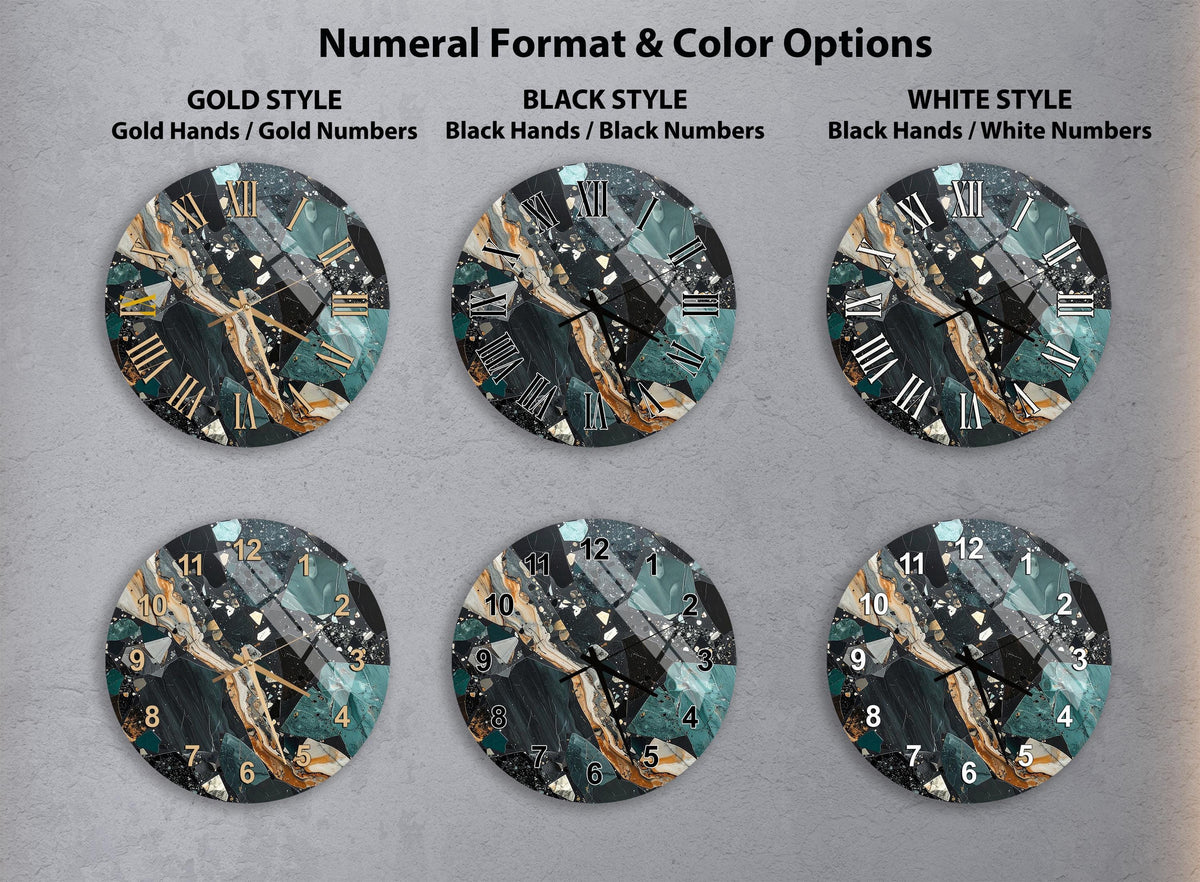 a collection of six clock faces with different styles and color options, including gold, black, white, and black and white.