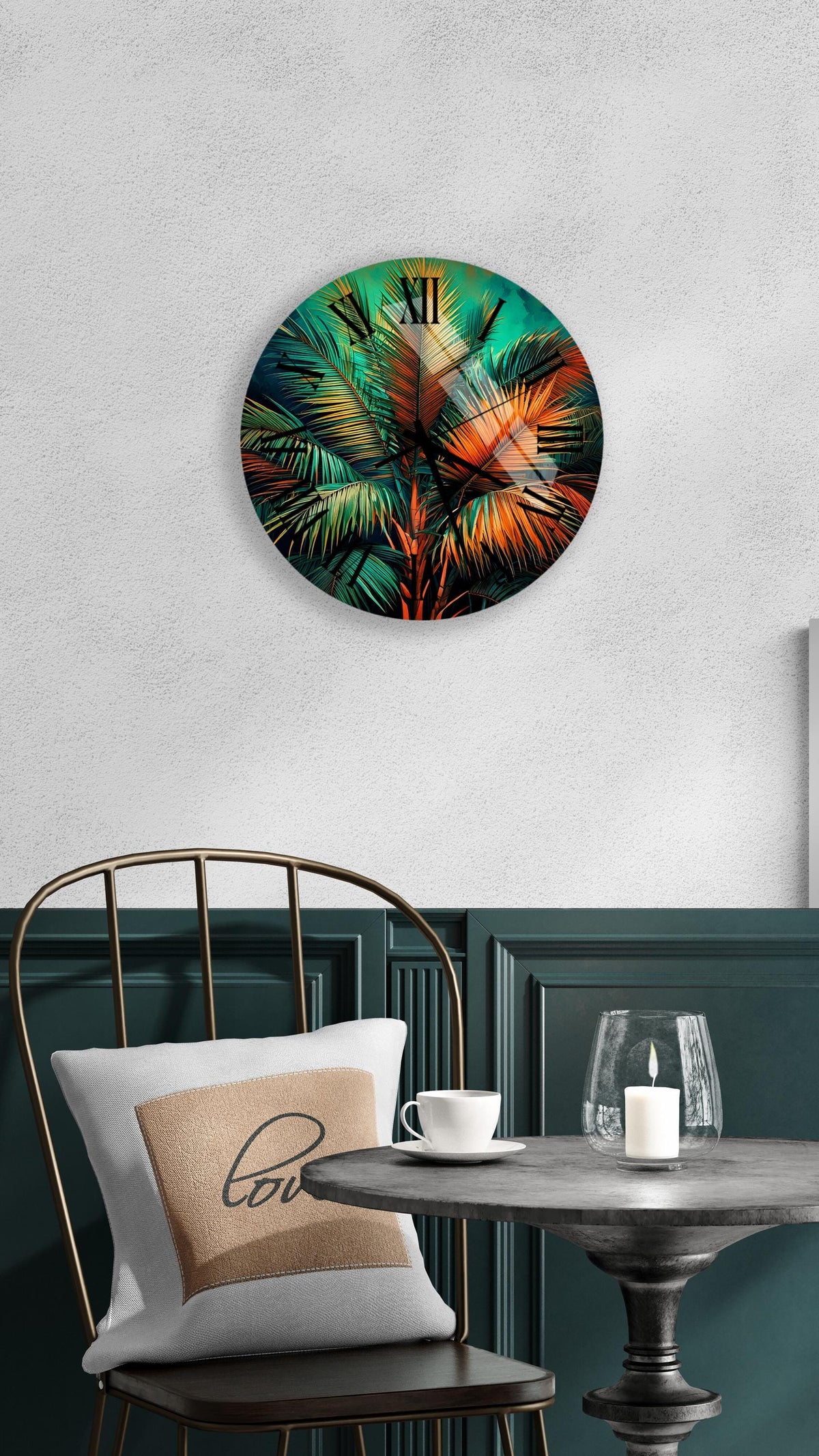 a clock that is on the wall above a table
