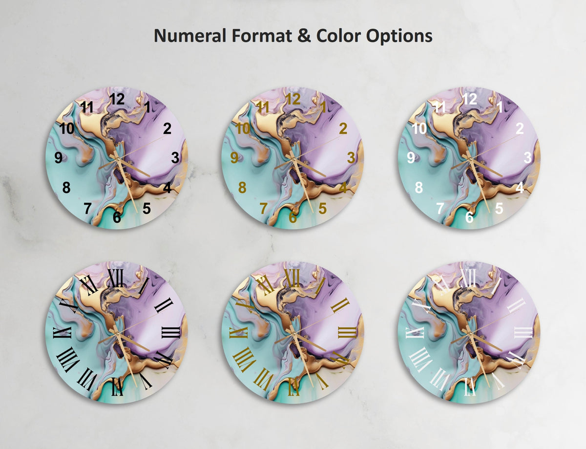 a set of four clocks with different designs on them