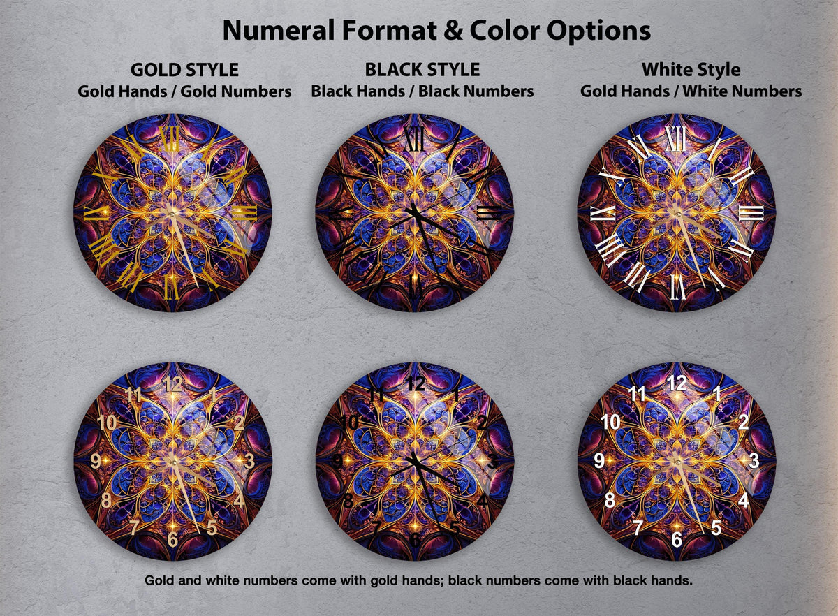 a set of four clocks with different designs on them