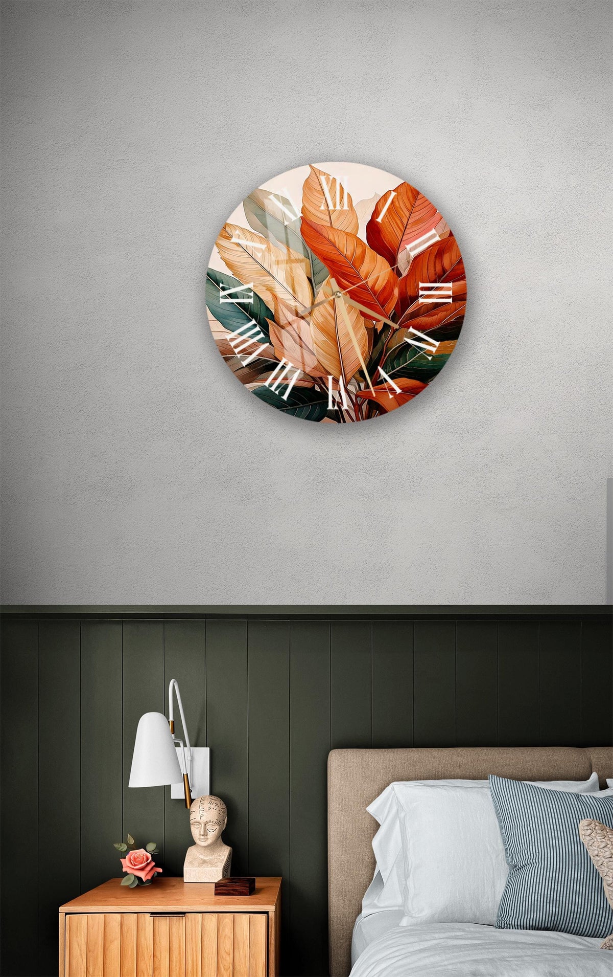 a bedroom with a large clock on the wall