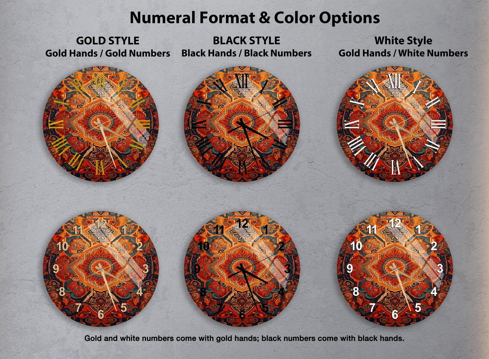 a set of four clocks with different designs on them