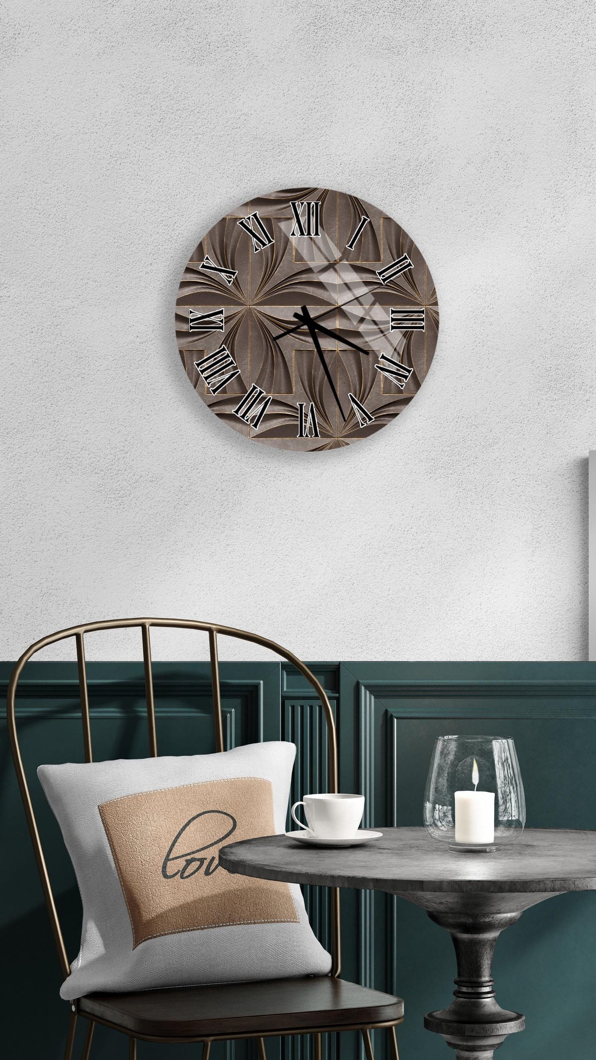 a modern and stylish interior design with a round wall clock, a black metal chair, a white table, and a beige pillow with a black design.