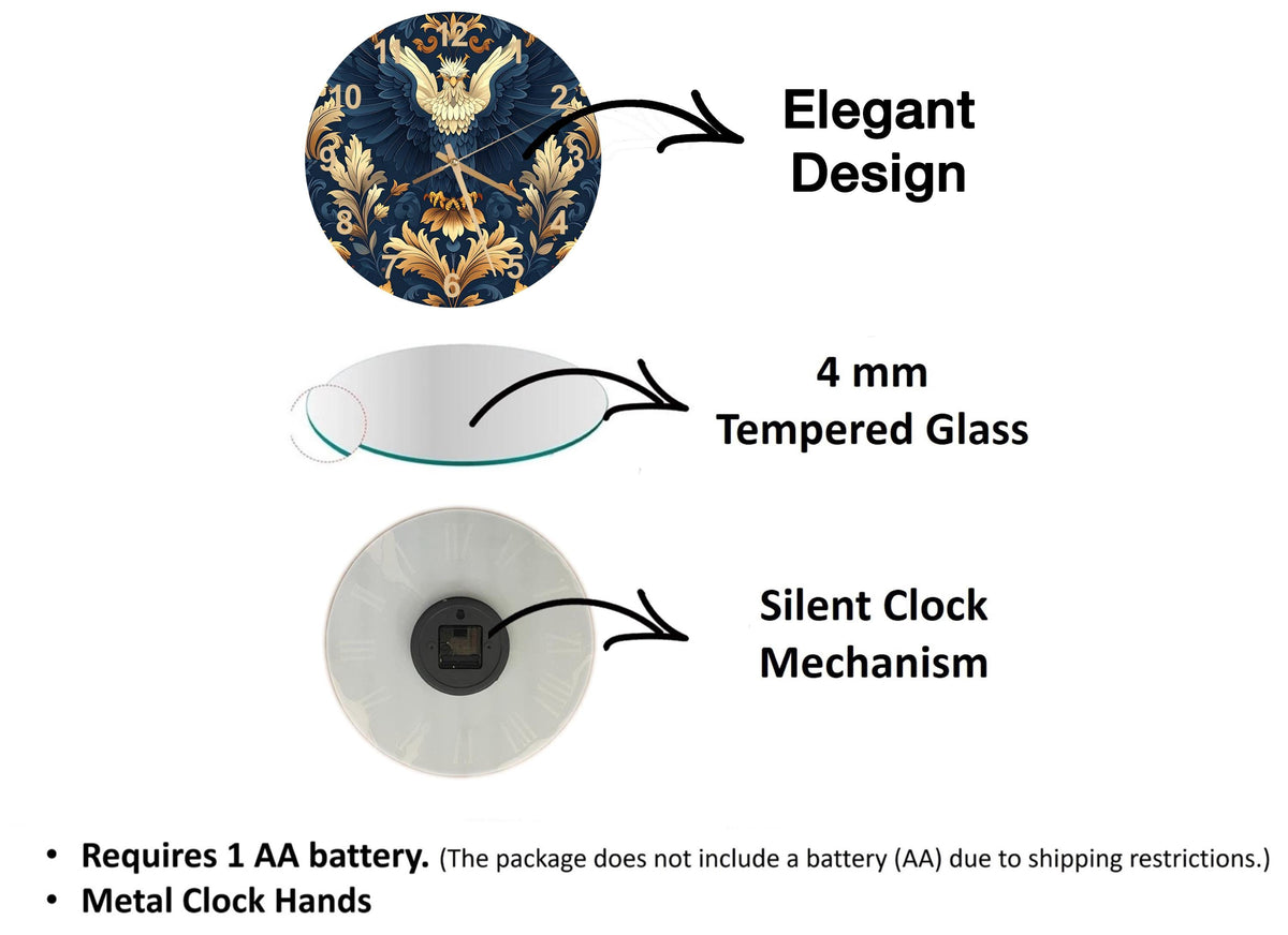 The image is a diagram that illustrates the features of a clock, including its design, materials, and functionality.