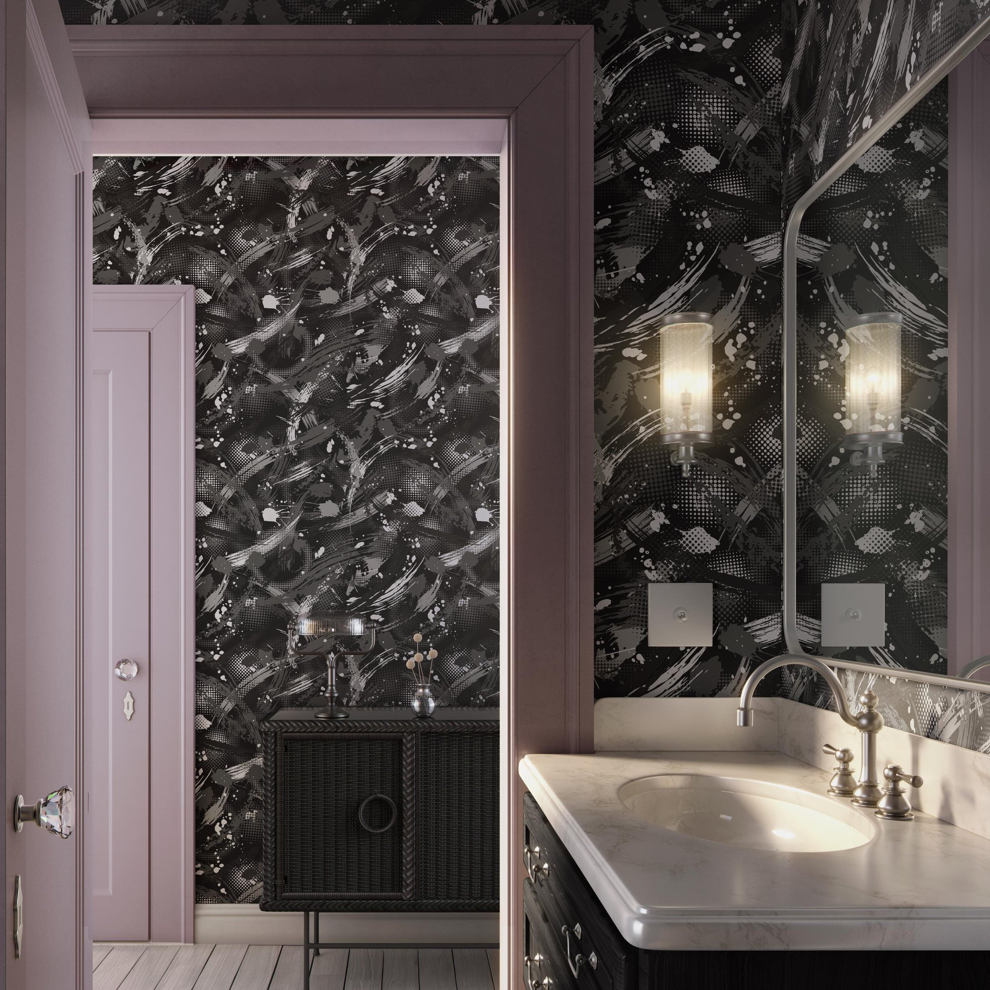 a bathroom with a white sink and a black vanity, featuring a mirror and a light fixture above the sink. The walls are covered in a black and white abstract pattern, and the overall color scheme is predominantly black and white.