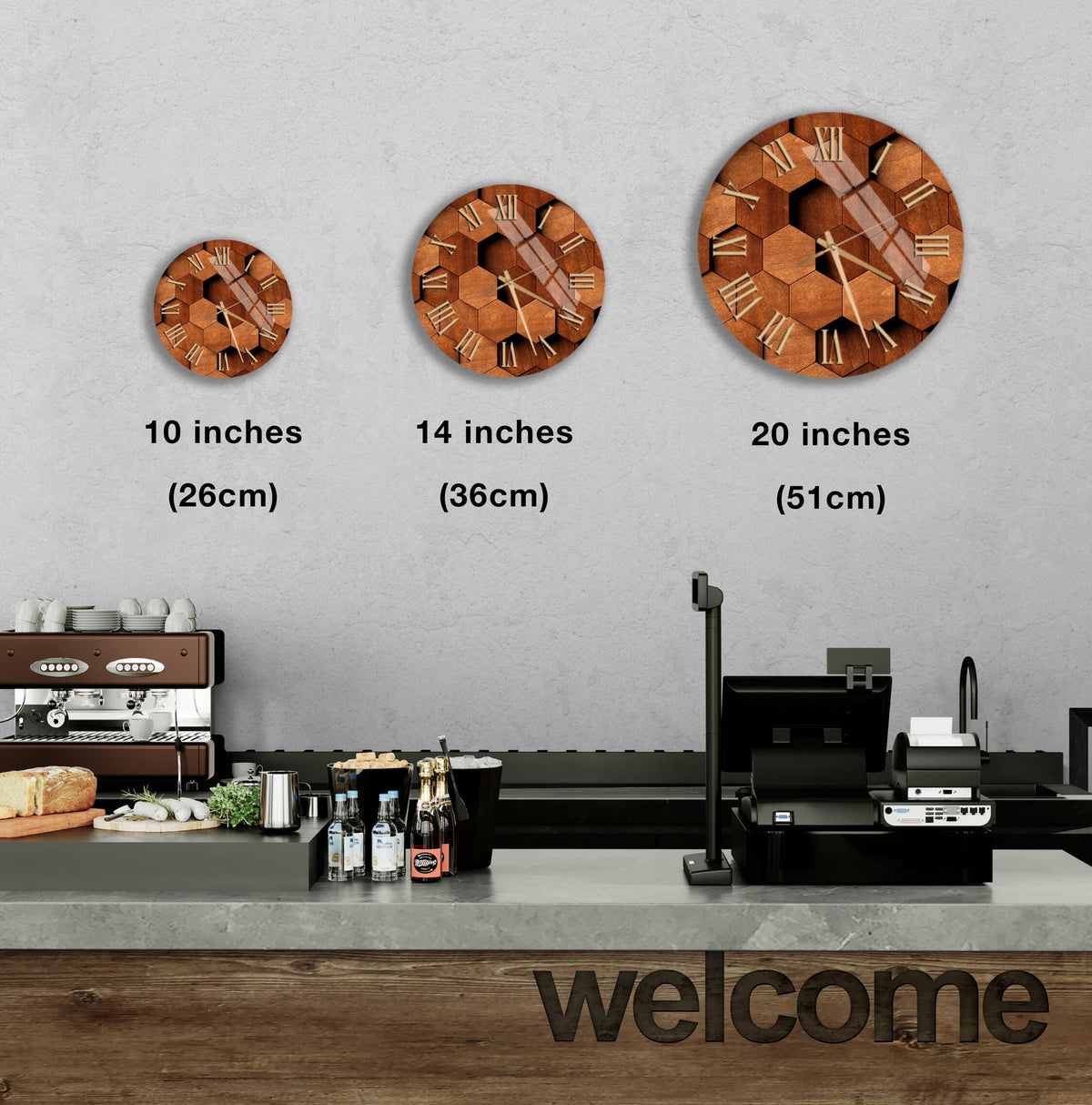 a wall clock with three different sizes, ranging from 10 inches to 20 inches, and a counter with a cash register and various items on it.