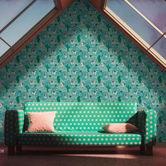a cozy living room with a green and white polka dot sofa, a patterned wall behind it, and a skylight above.