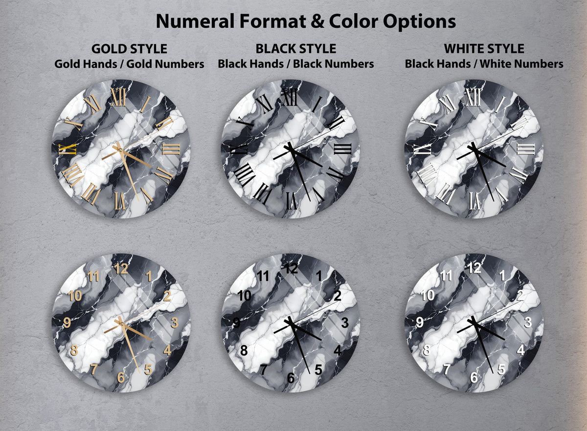 a collection of six clock faces with different styles and color options, including gold hands, black hands, black numbers, and white numbers.