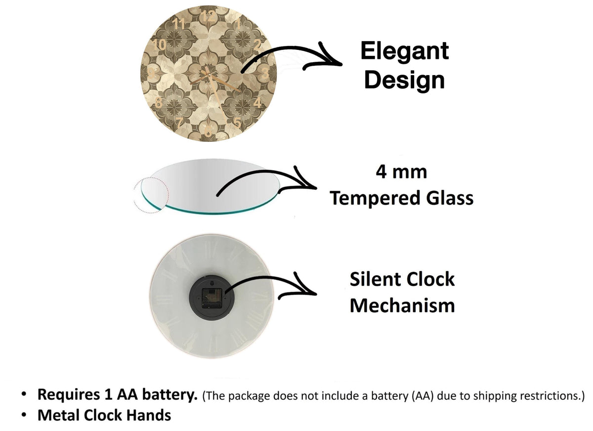 The image is a diagram that illustrates the features of a clock, including its design, size, and mechanism. It shows a 4 mm Tempered Glass face, a silent clock mechanism, and metal clock hands. The diagram also includes text that explains the features of the clock, such as the requirement of a 1 AA battery and the absence of a battery (AA) due to shipping restrictions.