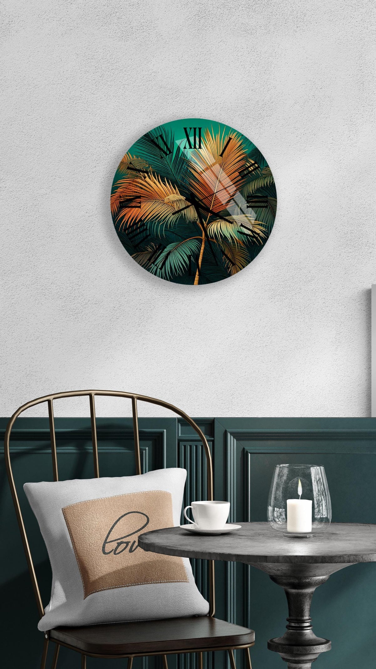 a table with a chair and a clock on the wall