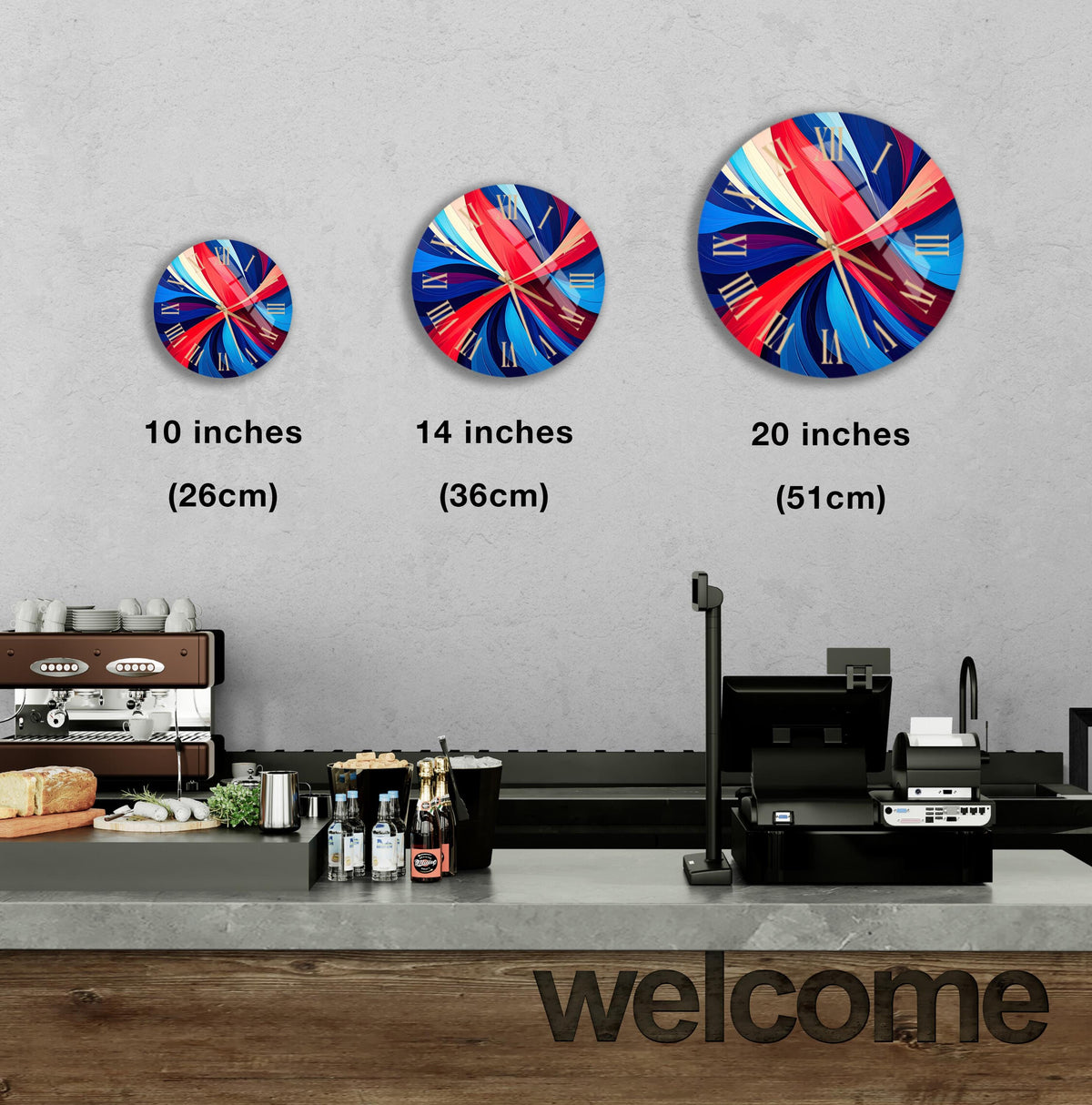 a wall clock with three different sizes, ranging from 10 inches to 20 inches, and a counter with a cash register and various items on it.