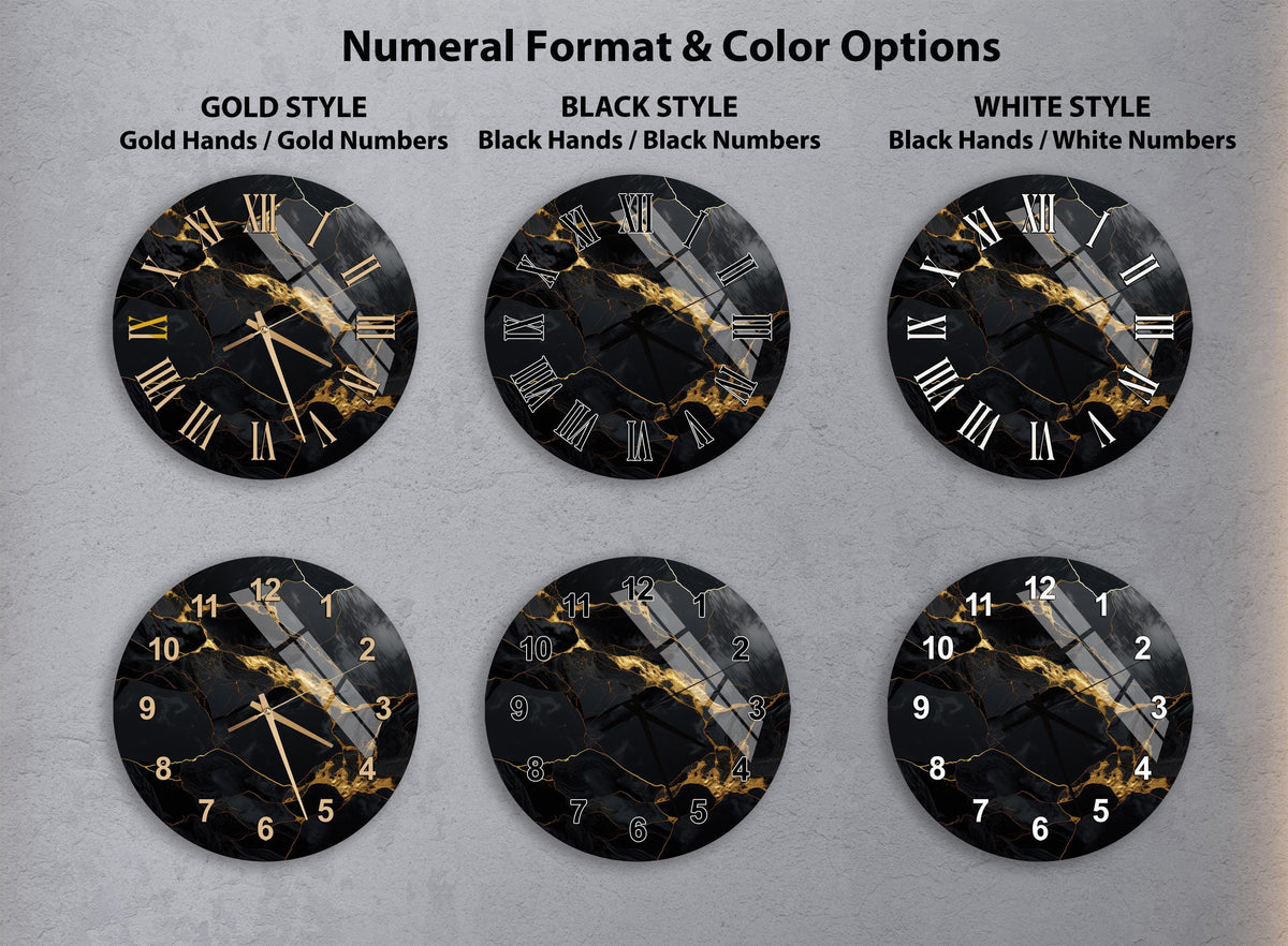 a collection of six clock faces with different styles and color options, including gold hands and numbers, black hands and numbers, and white hands and numbers.