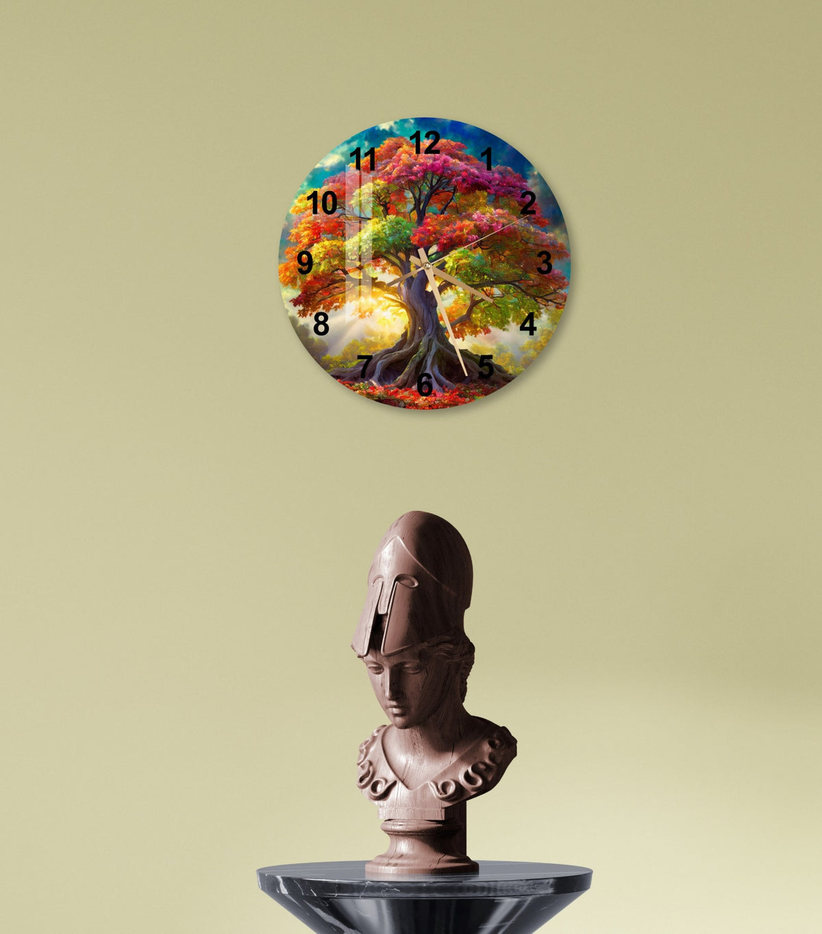 a clock with a statue of a person in front of it