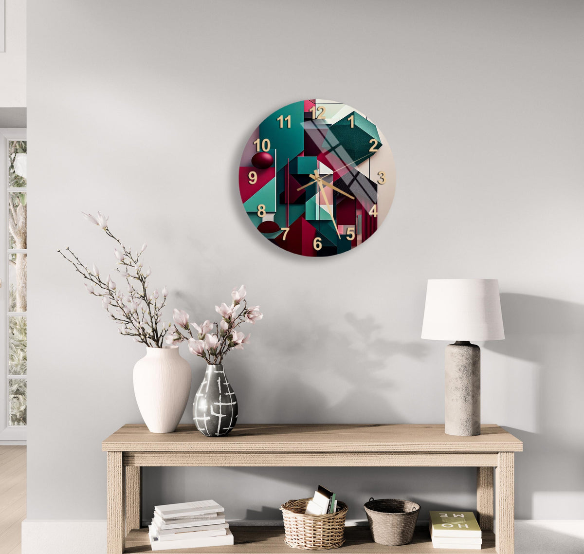 a table with a vase of flowers and a clock on the wall