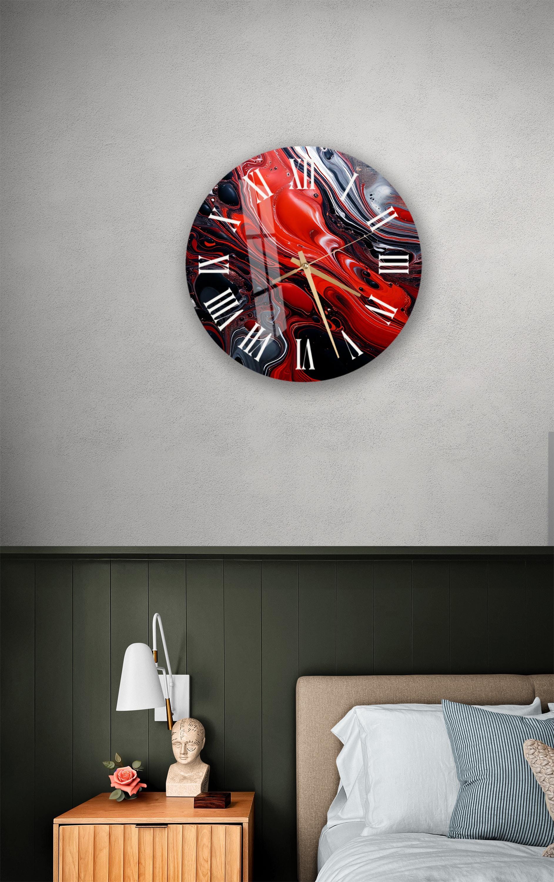 a bedroom with a bed and a clock on the wall