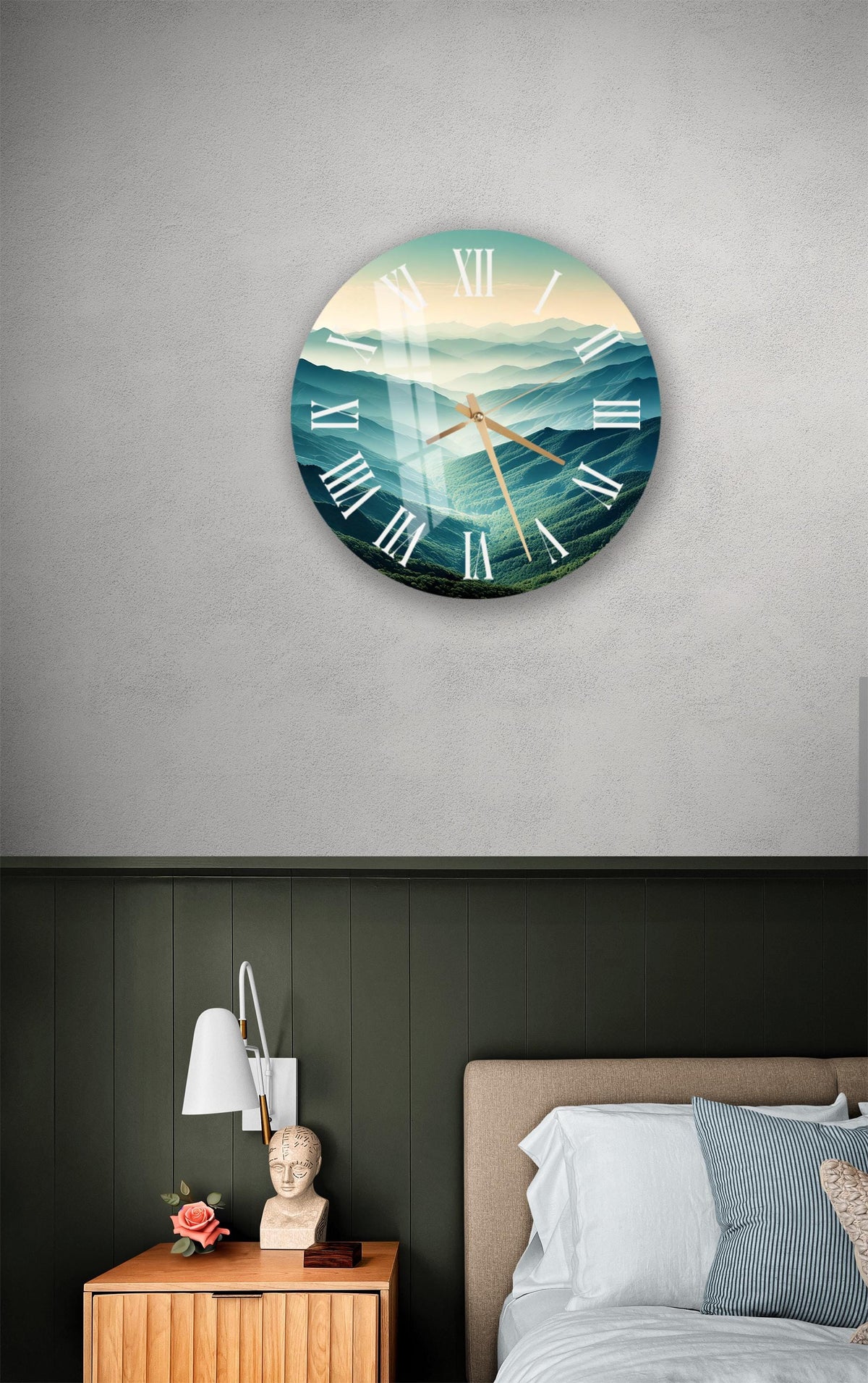 a bedroom with a bed and a clock on the wall