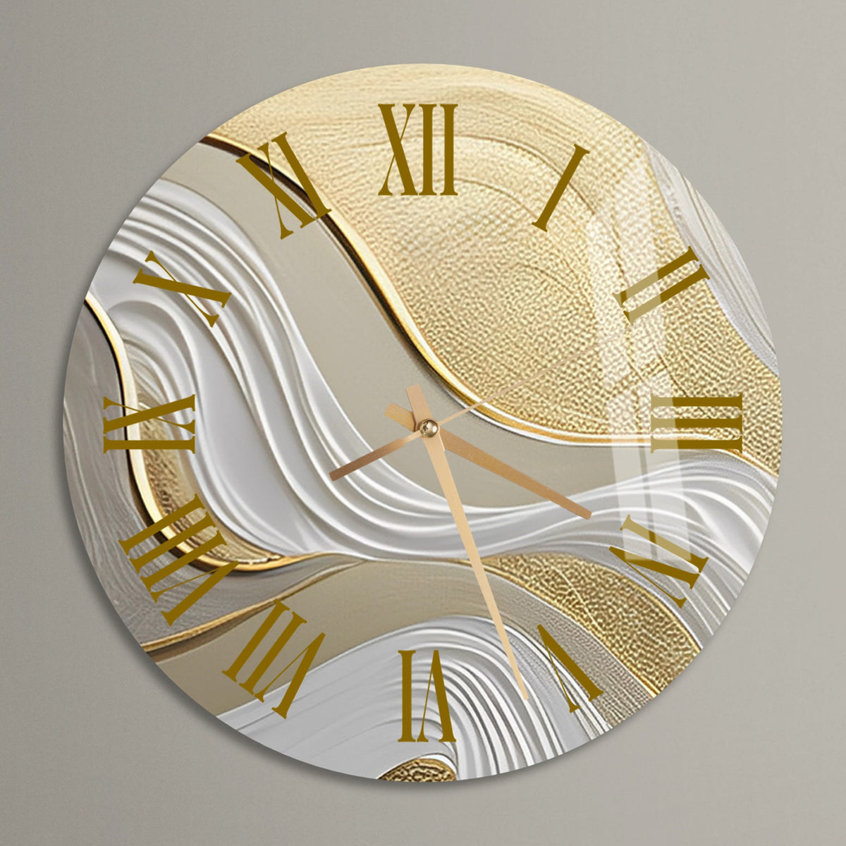 a gold and white clock with roman numerals