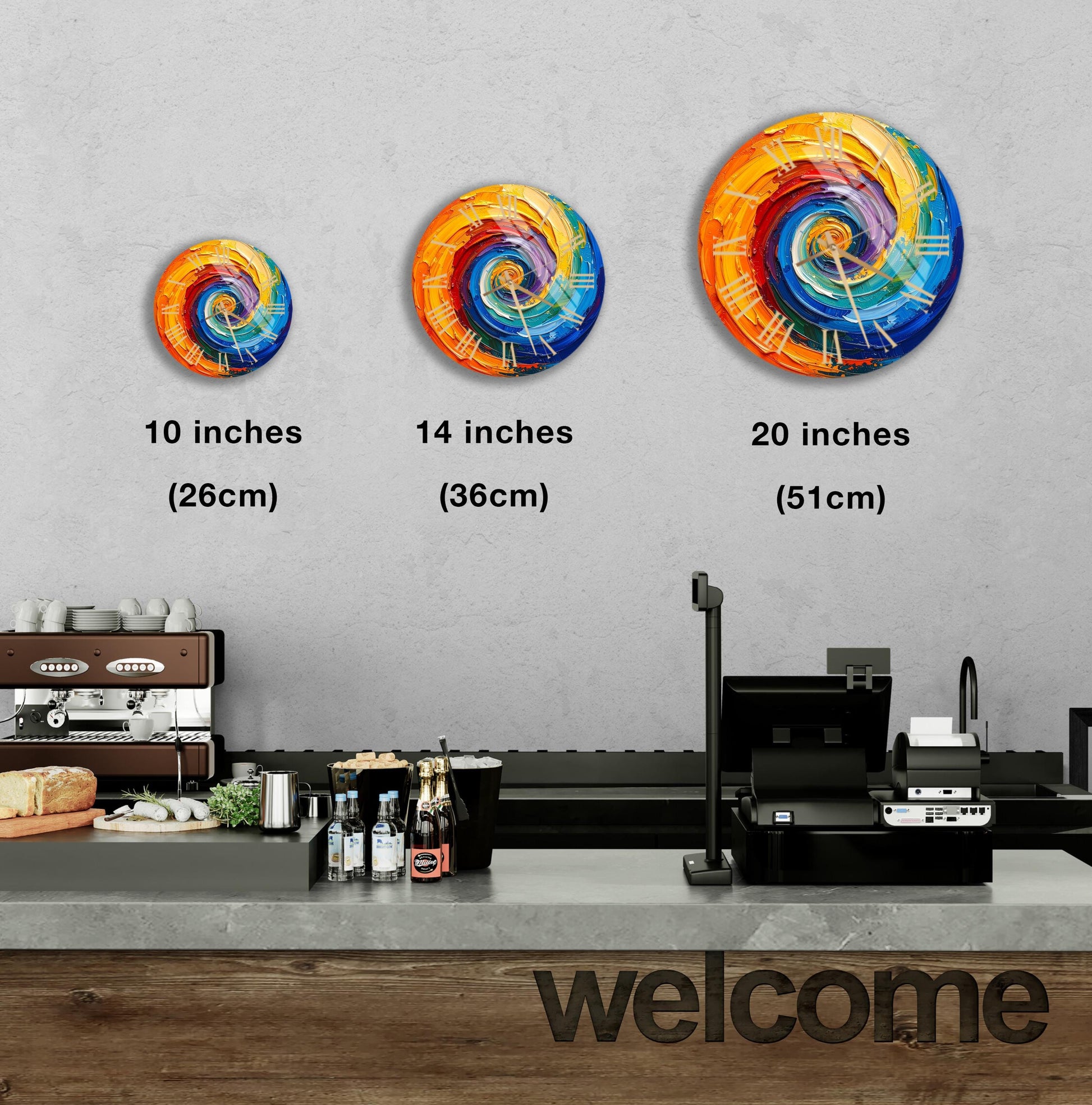 three different sizes of a colorful spiral design, each corresponding to a different measurement: 10 inches, 14 inches, and 20 inches. The image also includes a counter with a cash register and various items, such as bottles and a sandwich, as well as a "welcome" sign.