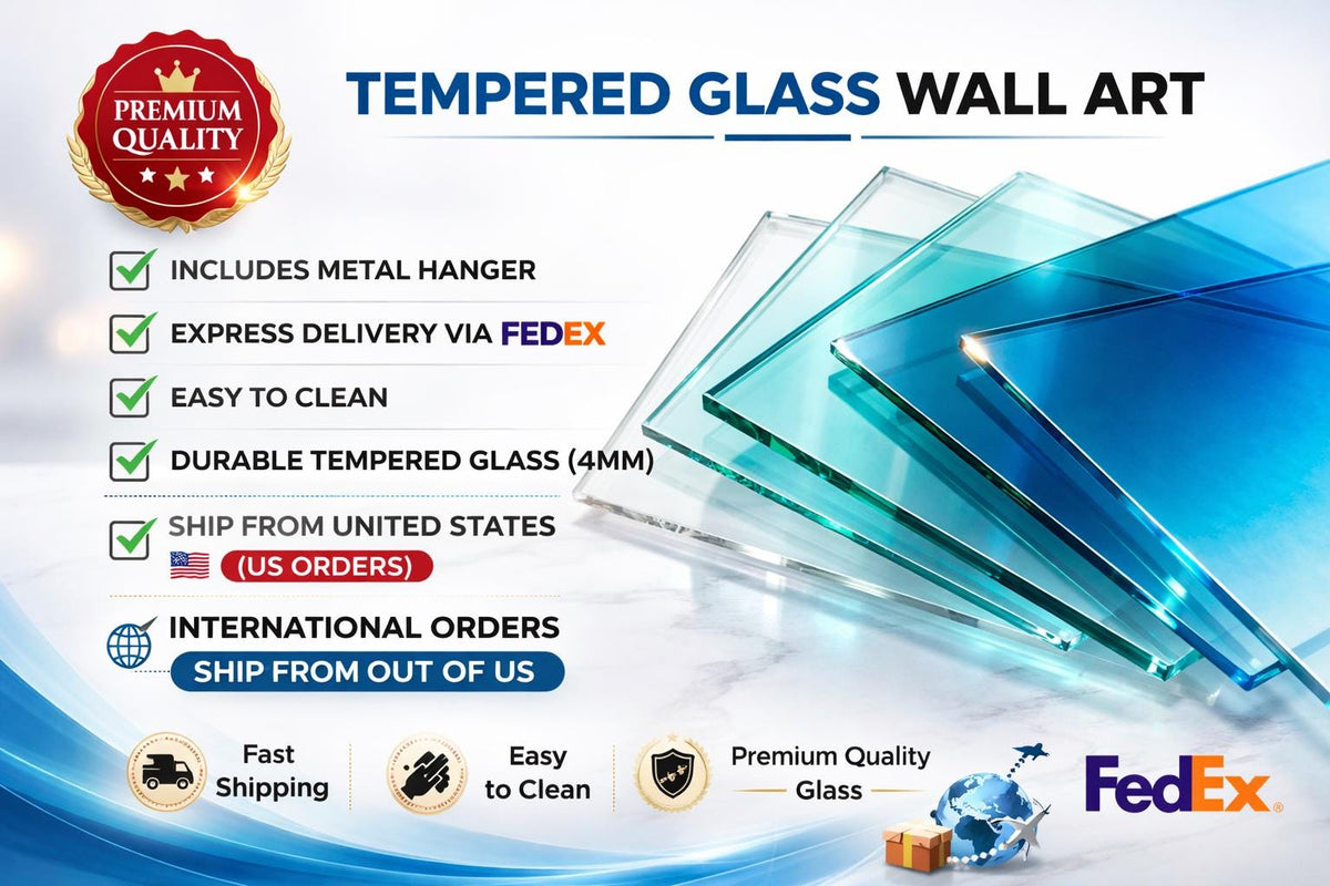 a stack of glass wall art on a table